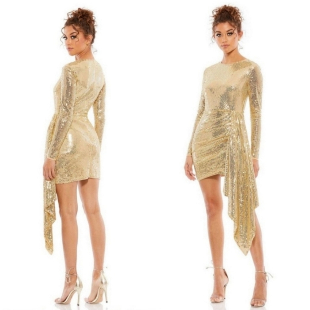 Mac Duggal Size 4 10785 Drape Skirt Fitted Gold Sequin Longsleeve Cocktail Dress